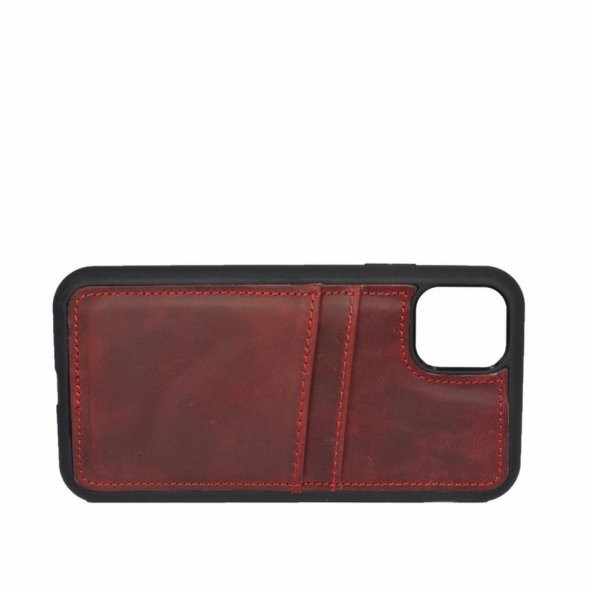 iPhone 13 Hakiki Deri Kapak Back Cover Kartlıklı Telefon Kılıfı Kırmızı ürün görseli 1