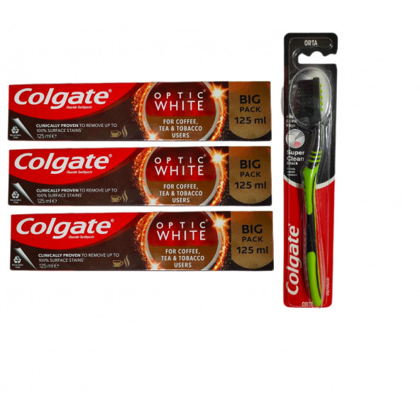 Optic White Kahve, Çay ve Tütün Kullanıcıları Için Süper Clean Black Orta Diş Fırçası + Macun 125 ml ürün görseli 1