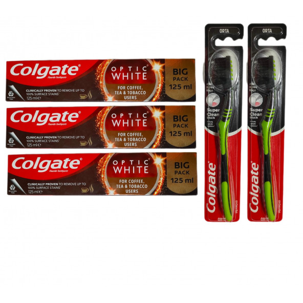 Optic White Kahve, Çay ve Tütün Kullanıcıları Için Süper Clean Black Orta Diş Fırçası + Macun 125 ml ürün görseli 1