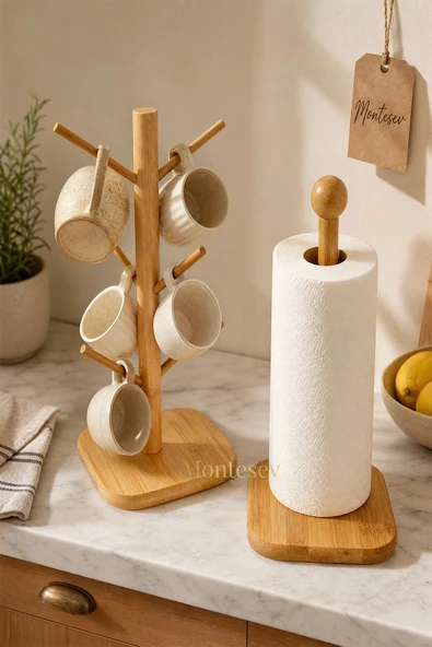 2 ' li Ahşap Bambu Bardak Kupa Fincan Askılığı Askısı Kağıt Havluluk Peçetelik Organizer ürün görseli 1