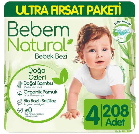 Bebem Natural Bebek Bezi Ultra Fırsat Paketi 4 Beden 104x2 208 Adet ürün görseli 1