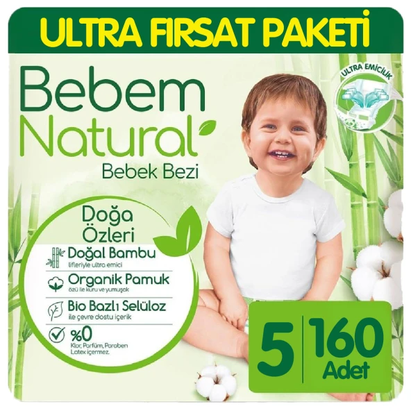Bebem Natural Bebek Bezi Ultra Fırsat Paketi 5 Beden 80x2 160 Adet ürün görseli 1