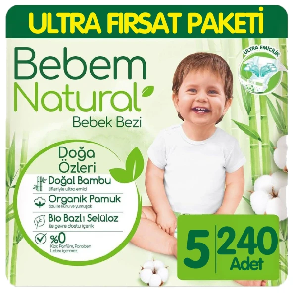 Bebem Natural Bebek Bezi Ultra Fırsat Paketi 5 Beden 80x3 240 Adet ürün görseli 1