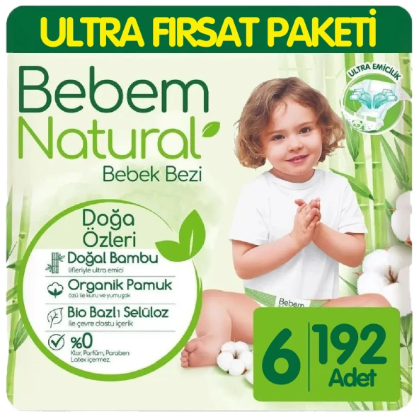Bebem Natural Bebek Bezi Ultra Fırsat Paketi 6 Beden 64x3 192 Adet ürün görseli 1