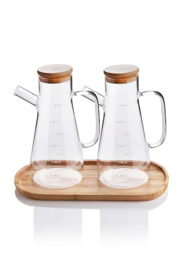 2x900 ML Standlı Cam Yağlık Seti Sütlük Sosluk Vakumlu Bambu Kapaklı Borosilikat ürün görseli 1