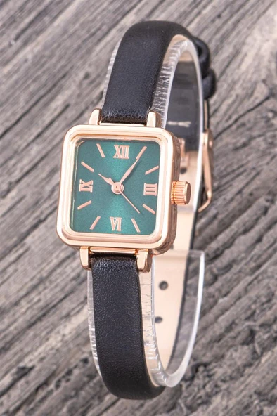 Retro Kadın Kol Saati Vintage Tasarım Minimal Roma Rakamlı Rose Renkli Siyah Kayış ST-304361 ürün görseli 1