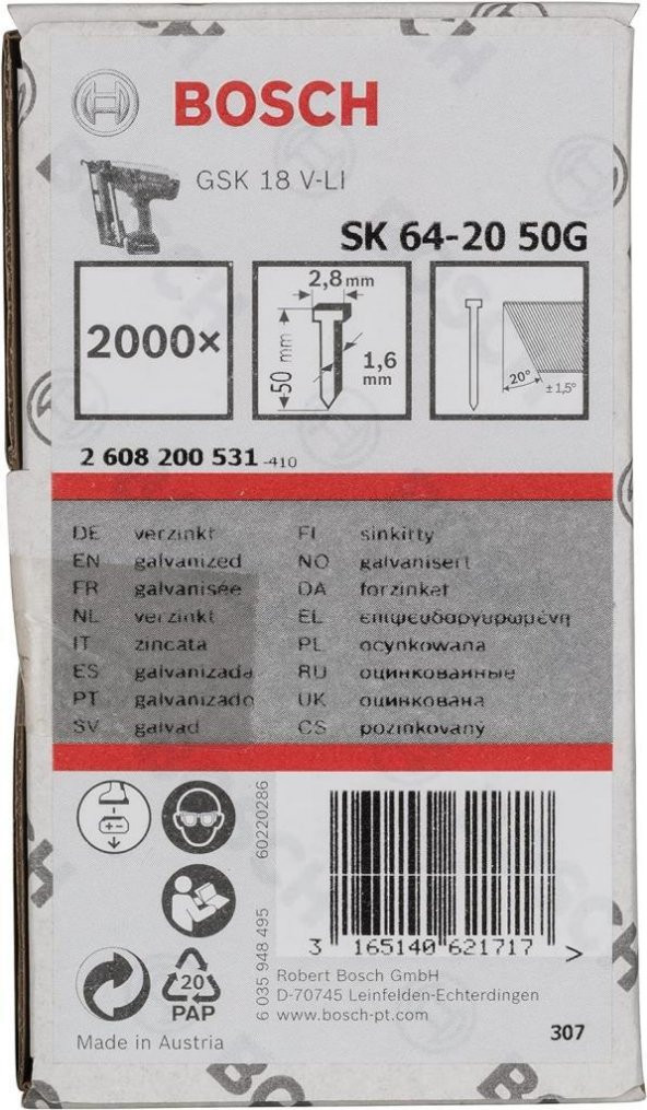 Bosch Başsız Çivi 50mm Galvenizli 2000 Adet ürün görseli 1