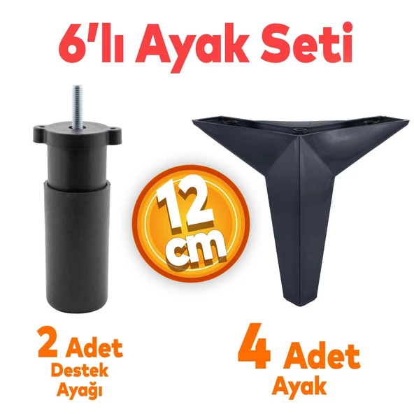 Kale 6'lı Set Mobilya Tv Ünitesi Koltuk Kanepe Destek Ayağı 12 Cm Siyah Baza Ayakları M8 Civatalı ürün görseli 1