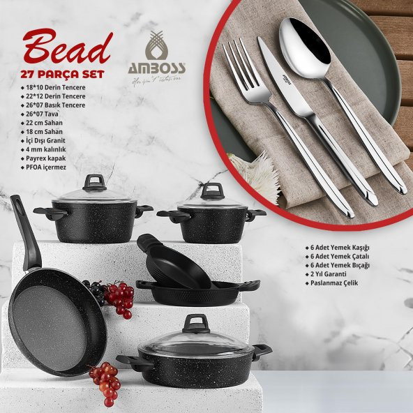 Amboss Bead 27 Parça Döküm, Granit Tencere ve Paslanmaz Çelik Çatal Bıçak Kaşık Takımı ürün görseli 1