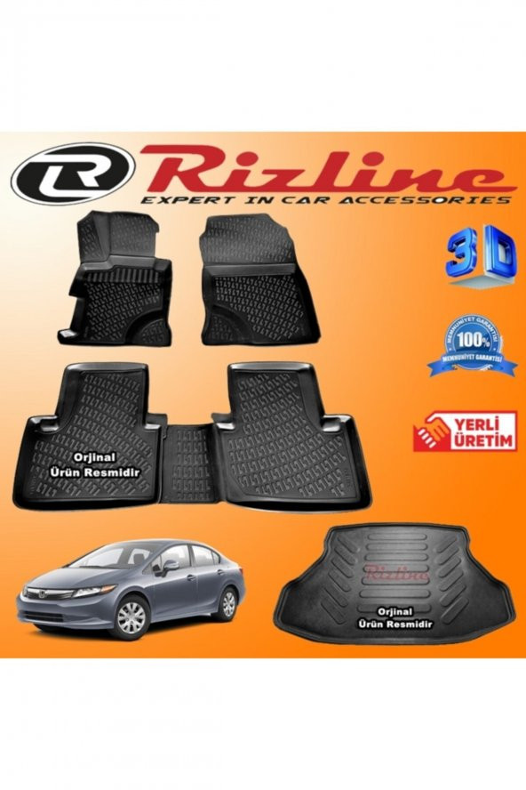 Rizline Honda Civic 3d Paspas + 3d Bagaj Havuzu Sedan 2012 - 2016 Arası Siyah Set 8683549925505 ürün görseli 1