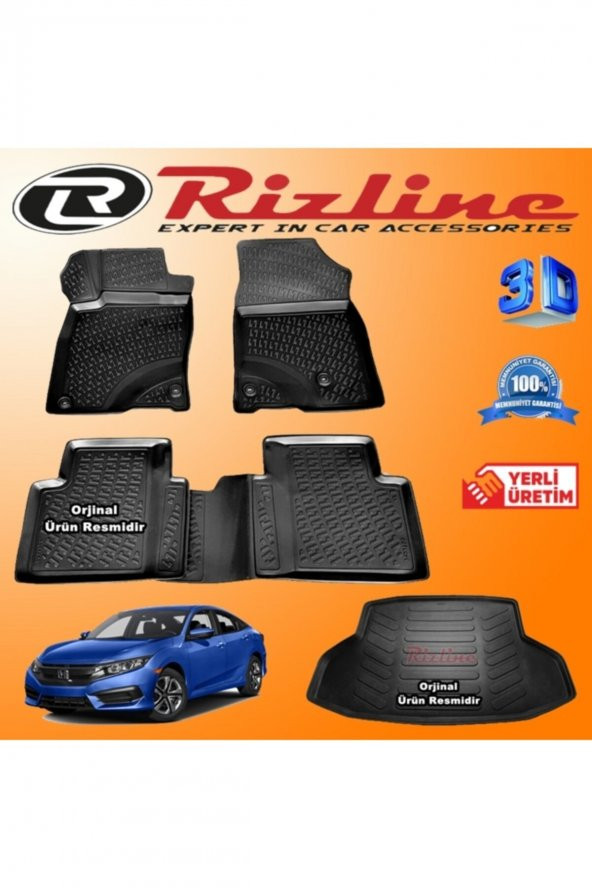 Rizline Honda Civic 3d Paspas + 3d Bagaj Havuzu Sedan 2016 - 2020 Arası Siyah Set 8683549925507 ürün görseli 1