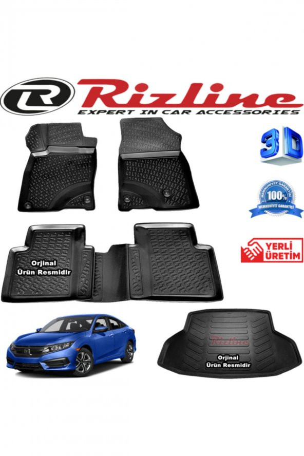 Rizline Honda Civic 3d Paspas + 3d Bagaj Havuzu Sedan 2016 - 2020 Arası Siyah Set 8683549925273 ürün görseli 1