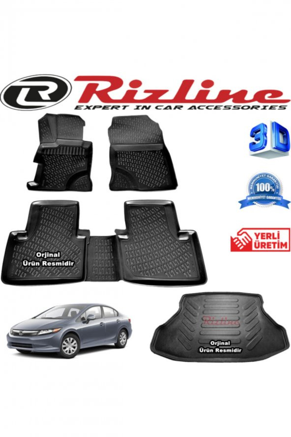 Rizline Honda Civic 3d Paspas + 3d Bagaj Havuzu Sedan 2012 - 2016 Arası Siyah Set 8683549925271 ürün görseli 1
