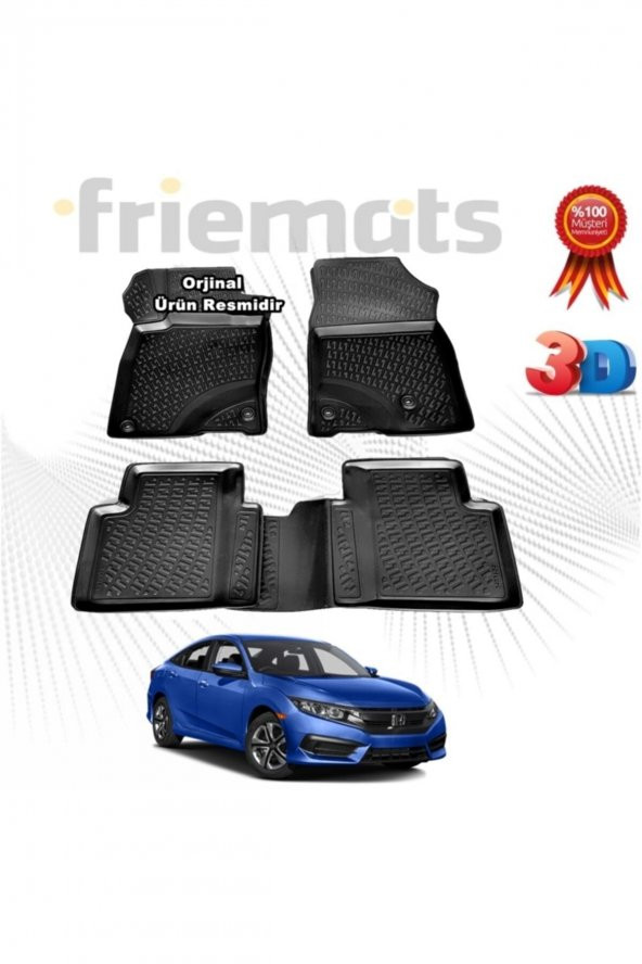 Friemats Honda Civic Sedan 3d Havuzlu Paspas 2016 - 2020 Arası Siyah 4 Parça ürün görseli 1