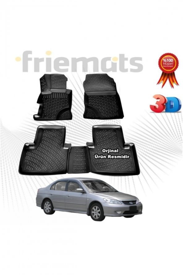 Friemats Honda Civic Sedan 3d Havuzlu Paspas 2001 - 2006 Arası Siyah 4 Parça ürün görseli 1