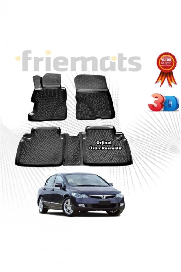 Friemats Honda Civic Sedan 3d Havuzlu Paspas 2007 - 2012 Arası Siyah 4 Parça ürün görseli 1
