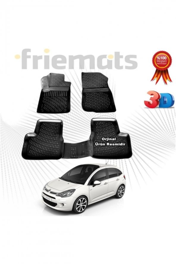 Friemats Citroen C3 3d Havuzlu Paspas 2009-2016 Arası Siyah 4 Parça ürün görseli 1