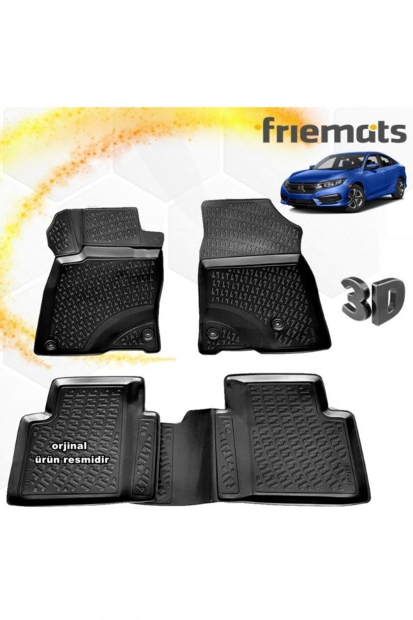 Friemats Honda Civic 3d Paspas Havuzlu Siyah Sedan 2016-2020 Arası 4 Prç ürün görseli 1
