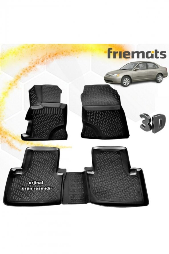 Friemats Honda Civic 3d Paspas Havuzlu Siyah 2001-2006 Arası 4 Prç ürün görseli 1