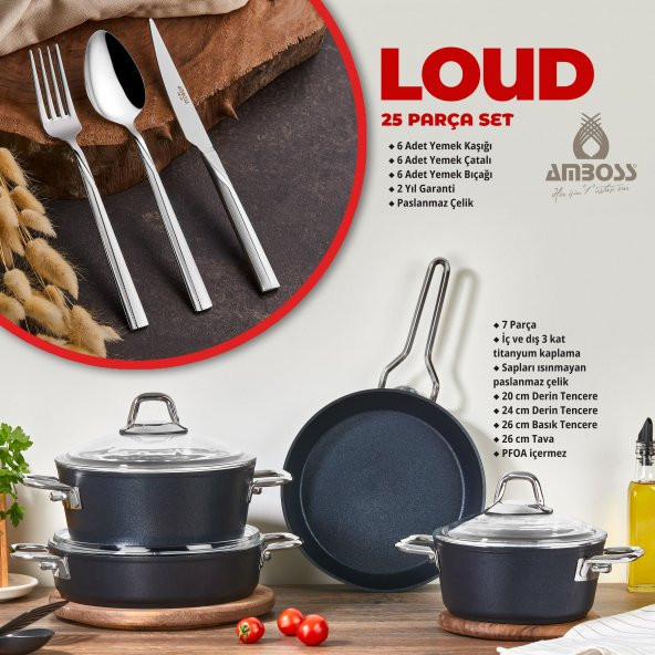 Amboss Loud 25 Parça Granit Tencere Seti ve Paslanmaz Çelik Çatal Bıçak Seti ürün görseli 1