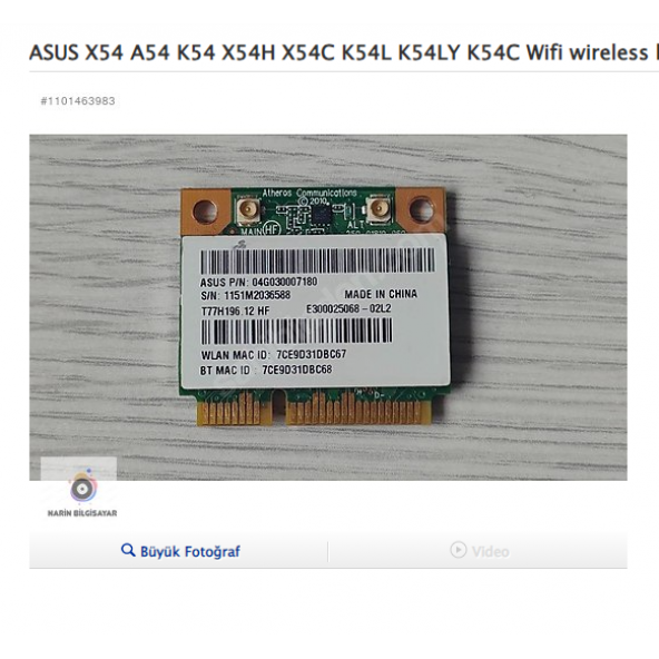 ASUS X54C K54C Wifi wireless kart SORUNSUZ ürün görseli 1