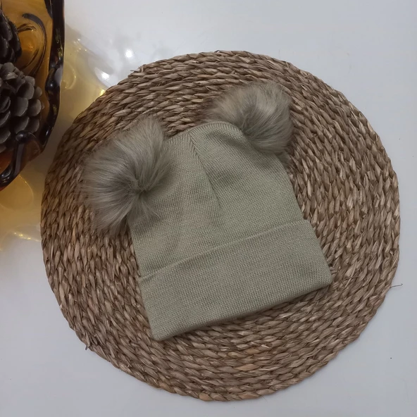 MARS BABY Kız Bebek Çocuk Düz Bej Çift Ponponlu Bere ürün görseli 1