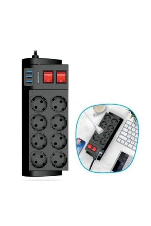 8li Priz 3 Usb Li 2 Metre Uzatma Kablosu Çoklu Priz Termal Akım Korumalı 3411 ürün görseli 1