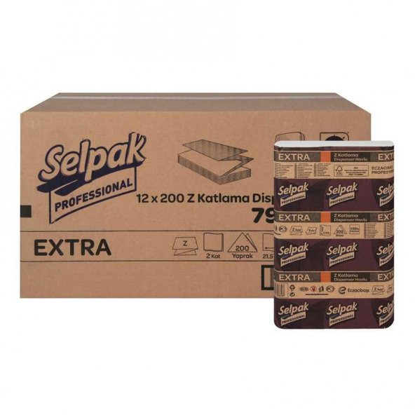 Selpak Extra Dispenser Kağıt Havlu - Z Katlama Havlu - 2 Kat - 200 Adetlik 12 Paket / Koli ürün görseli 1
