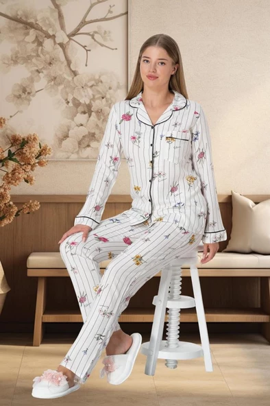 Mecit 5252 Bayan Ekru Boydan Düğmeli Pijama Takımı ürün görseli 1