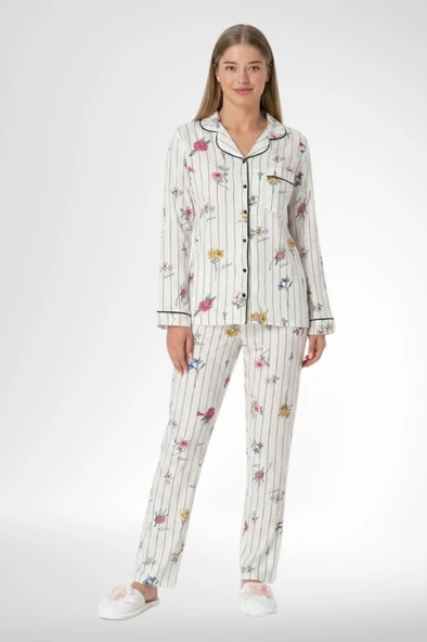 Mecit 5252 Bayan Ekru Boydan Düğmeli Pijama Takımı - Resim 3