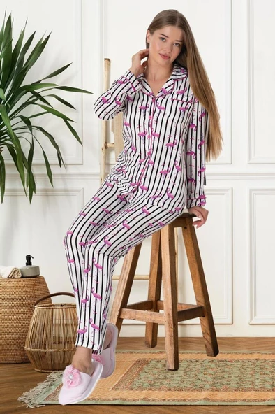Mecit 5923 Bayan Flamingo Desenli Boydan Düğmeli Pijama Takımı ürün görseli 1