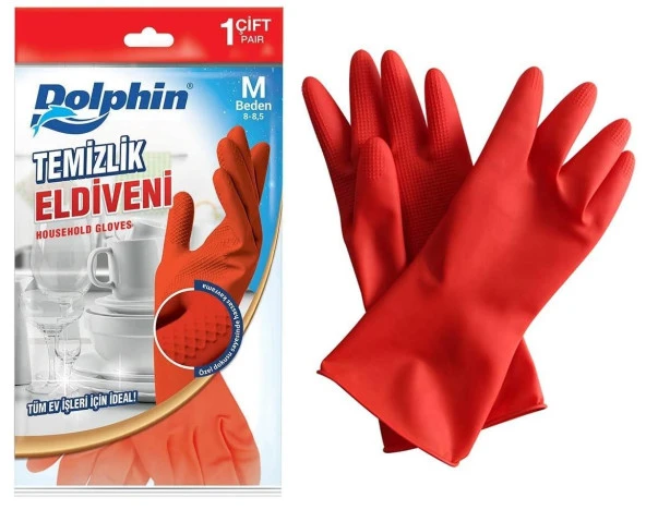 Dolphin Lateks Bulaşık Temizlik Eldiveni - Kırmızı - Orta Boy ( Medium ) - 8-8,5 - 1 Çift - Paket ürün görseli 1