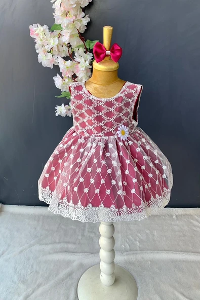 Saç Bantlı Papatyalı Dantelli Bebek Elbise PNPN146 ürün görseli 1