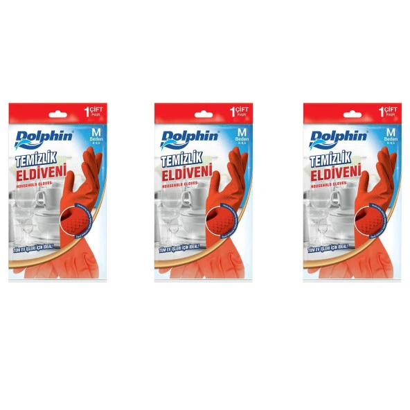 Dolphin Lateks Bulaşık Temizlik Eldiveni - Kırmızı - Orta Boy ( Medium ) - 8-8,5 - 3 Paket ürün görseli 1