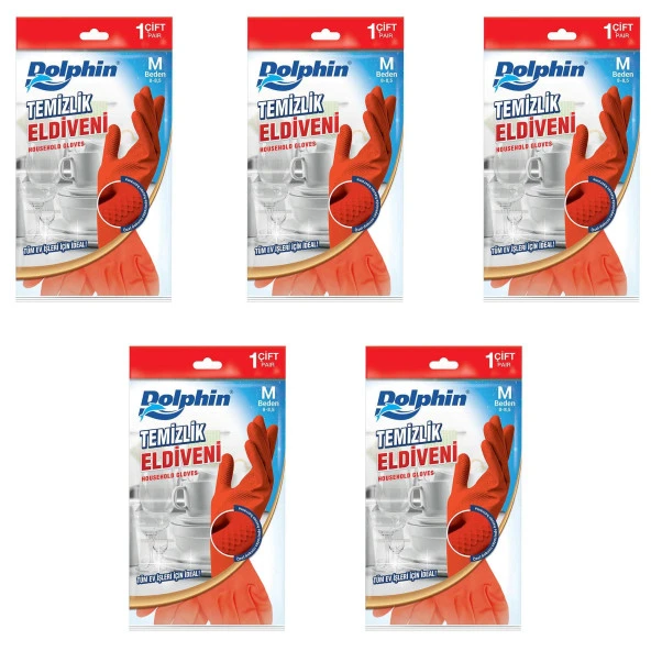 Dolphin Lateks Bulaşık Temizlik Eldiveni - Kırmızı - Orta Boy ( Medium ) - 8-8,5 - 5 Paket ürün görseli 1