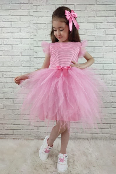Mnk Tüllü Kırçıllı Kız Çocuk Parti Elbisesi - Resim 3
