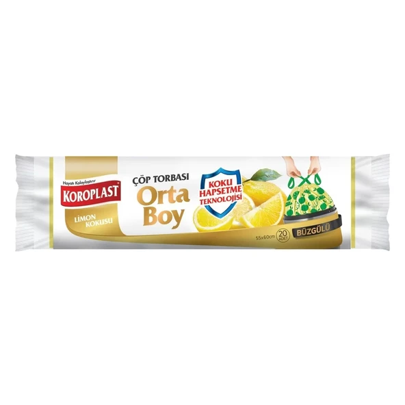 Koroplast Limon Kokulu Büzgülü Orta Boy Çöp Torbası 55x60cm (20 li Paket) ürün görseli 1