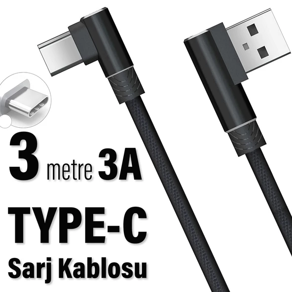 Type-C Şarj Kablosu 3M 3 Amper Hızlı USB - TYPE C 3 Metre Uzun ürün görseli 1