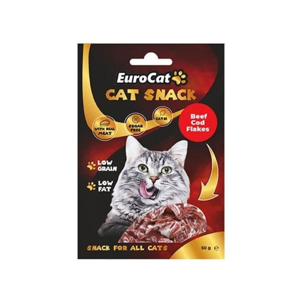 EuroCat Tahılsız Şekersiz Kurutulmuş Et Cat Beef Cod Flakes Kedi Ödülü 50 Gr ürün görseli 1