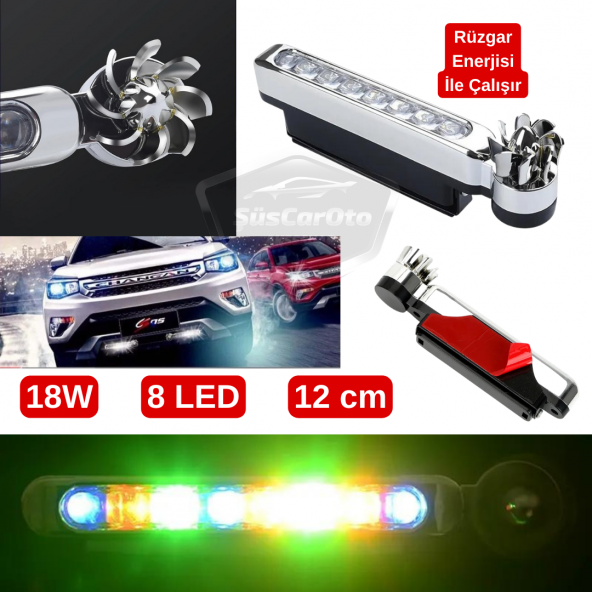 Araç Oto Rüzgar Enerjili Kablosuz 8 Ledli Gündüz Farı Araba Fırfırlı Elektriksiz Gündüz Ledi Lamba Su Geçirmez Renkli RGB ürün görseli 1