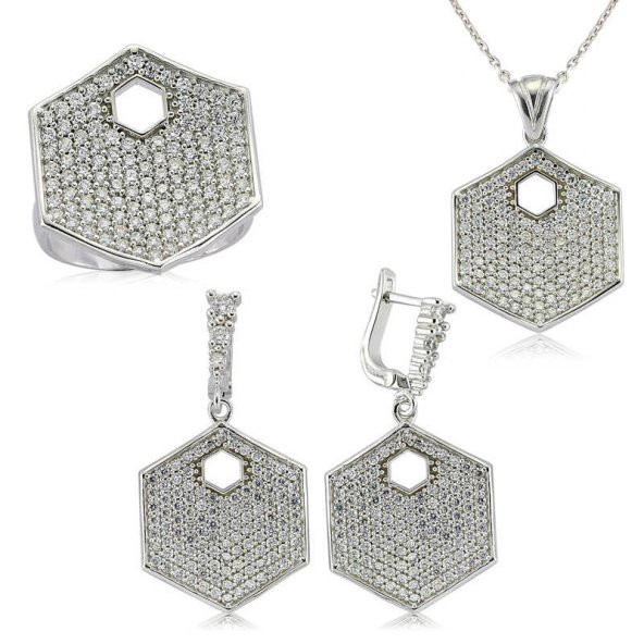 Gümüş Zirkon Taşlı Altıgen Bayan Set  SL2300 ürün görseli 1