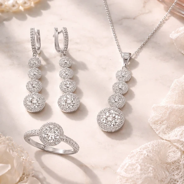 Gümüş Sıralı Dört Taş Bayan Set SL2314 - Resim 3