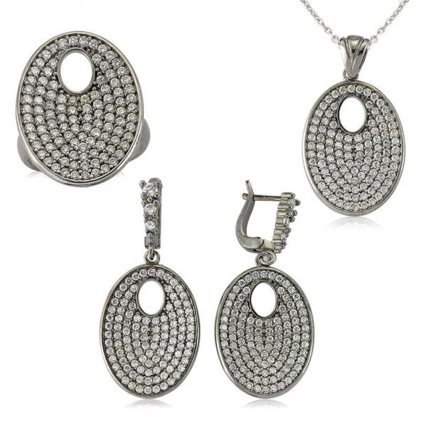 Gümüş Beyaz Taşlı Oval Bayan Set SL2295 ürün görseli 1
