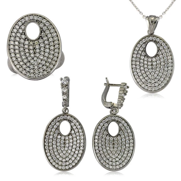 Gümüş Beyaz Taşlı Oval Bayan Set SL2295 - Resim 3