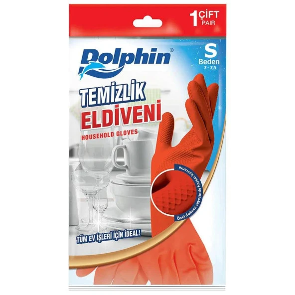 Dolphin Lateks Bulaşık Temizlik Eldiveni - Kırmızı - Small Boy ( Küçük ) - 7-7,5 - 1 Çift - Paket ürün görseli 1