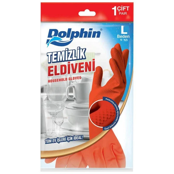 Dolphin Lateks Bulaşık Temizlik Eldiveni - Kırmızı - Large ( Büyük ) - 9-9,5 - 1 Çift - Paket ürün görseli 1