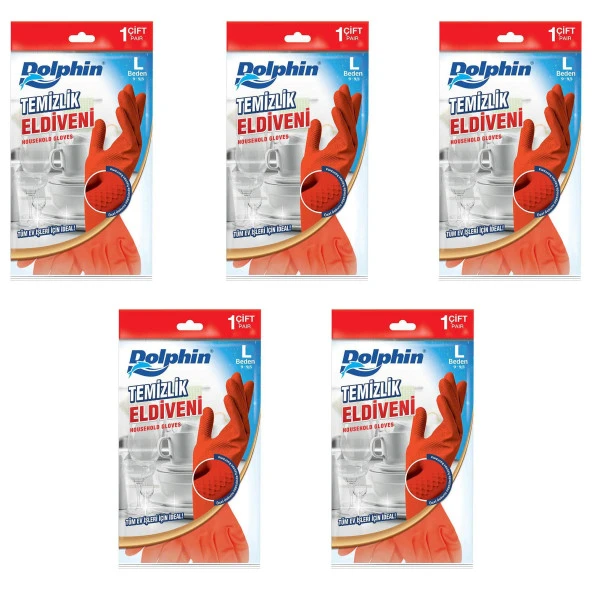 Dolphin Lateks Bulaşık Temizlik Eldiveni - Kırmızı - Large ( Büyük ) - 9-9,5 - 5 Paket ürün görseli 1