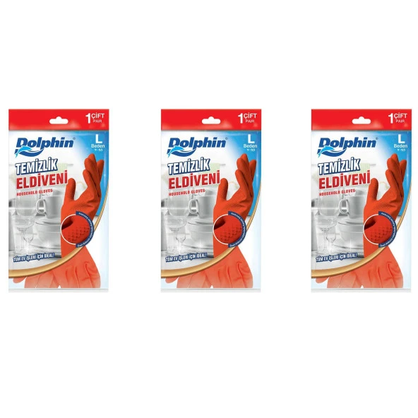 Dolphin Lateks Bulaşık Temizlik Eldiveni - Kırmızı - Large ( Büyük ) - 9-9,5 - 3 Paket ürün görseli 1