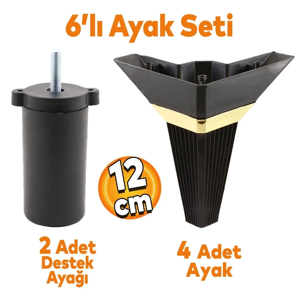 Alcazar Köşe 6'lı Set Mobilya TV Ünitesi Çekyat Koltuk Kanepe Destek Ayağı 12 cm Siyah M8 Civatalı ürün görseli 1
