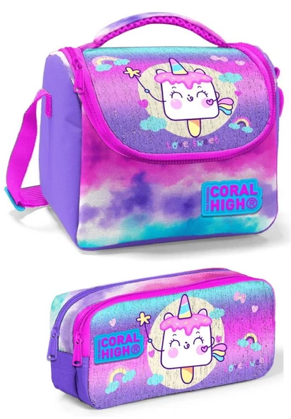 Coral High Mor Pembe Dondurma Unicorn Kız Çocuk Beslenme Çantası Seti ürün görseli 1